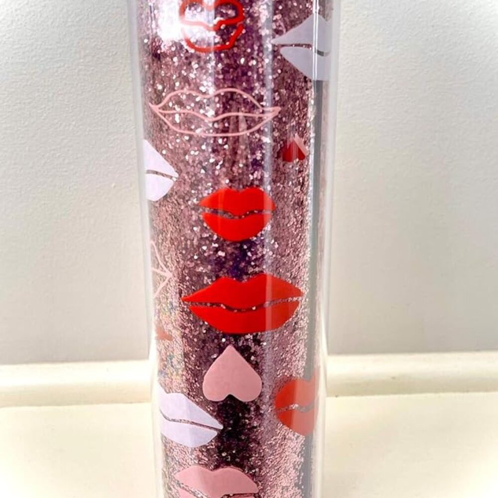 Starbucks Valentine's Day Red Lips Pink Hearts with Glitter Insulated Tumbler - Picture 2 of 11